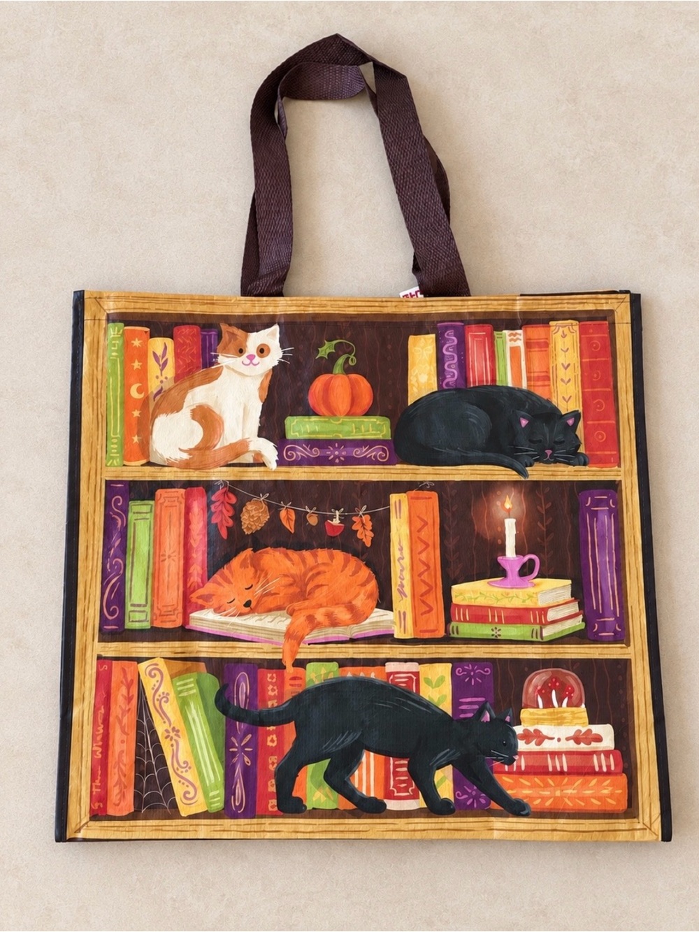 Cats and books autumn print reusable tote bag